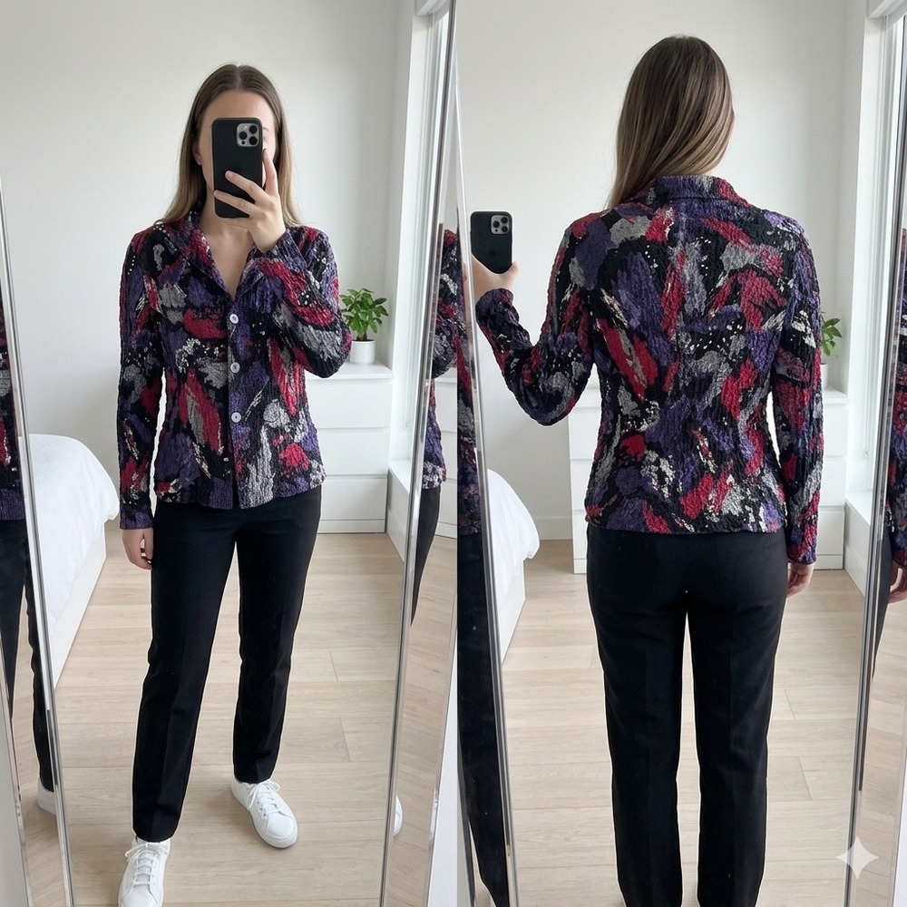 Rafael Popcorn Textured Abstract Print Button Down Women's Medium Multicolor